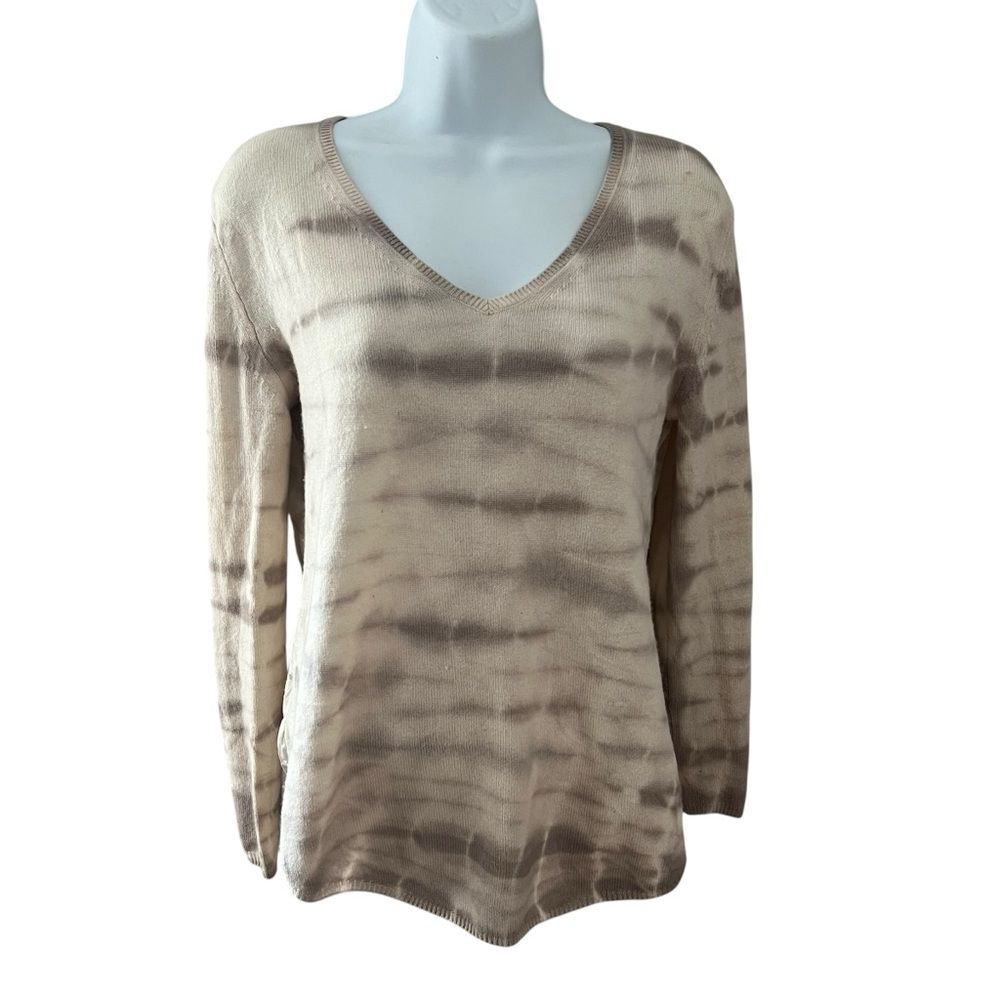 Dear Cashmere Cashmere Silk V Neck Sweater Top Space Dye Ivory Gray Size Small